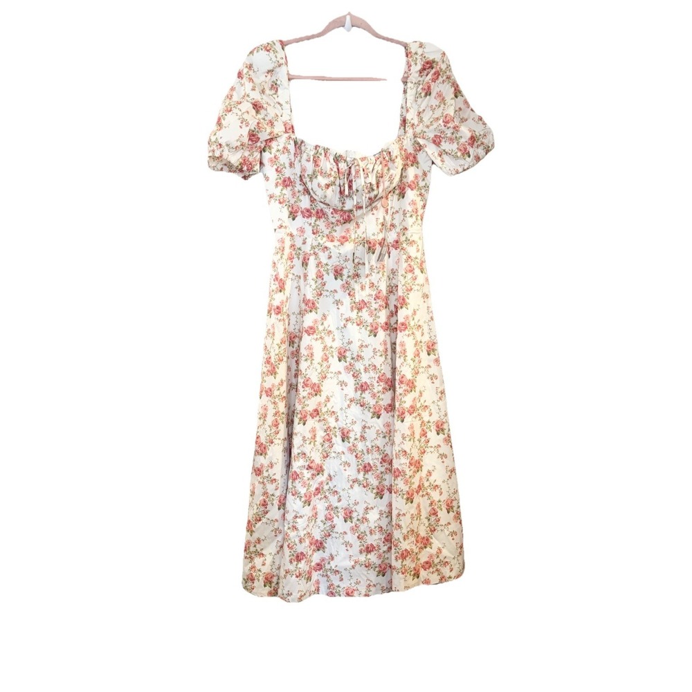 HOUSE OF CB Tallulah Rose Print Puff Sleeve Midi Sundress Milkmaid L+ XL NEW - Picture 2 of 8